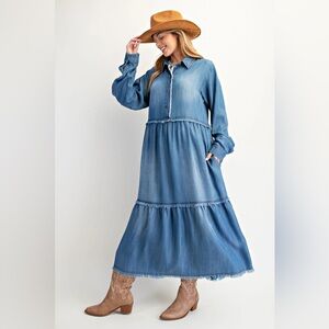 NWT Easel Denim Chambray Long Sleeve Collard Maxi Dress sz L